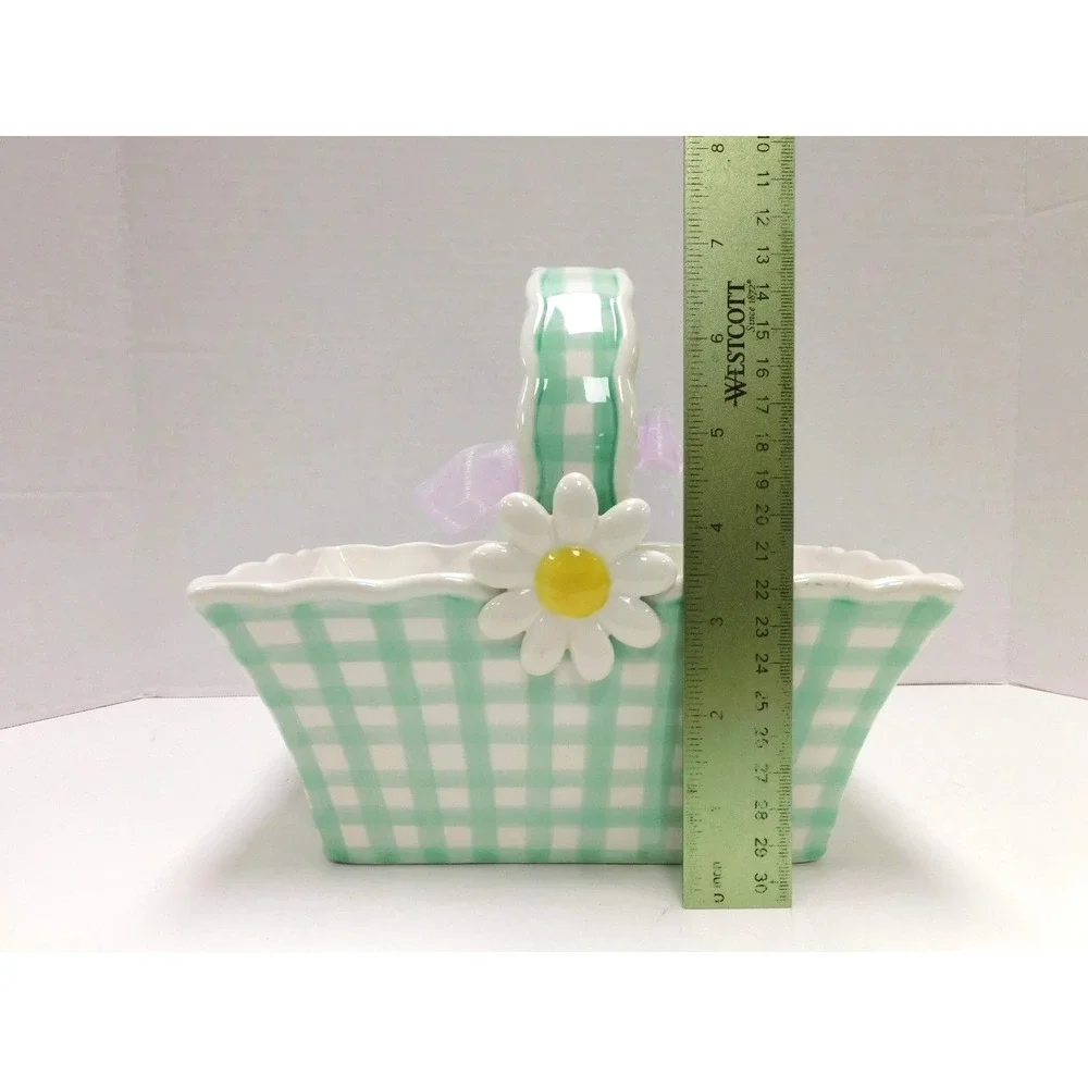 Teleflora Ceramic Basket Green Gingham Check Daisy Flower Easter Planter DW84